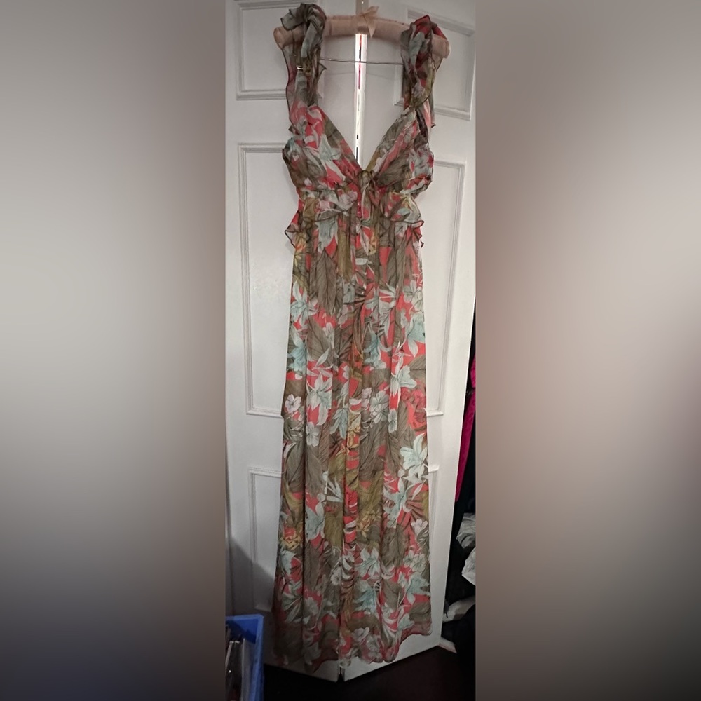 Fashion Nova Coral, Taupe & Mint Floral Maxi Skirt